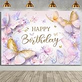 MEHOFOND 7x5ft Butterfly Happy Birthday Backdrop Purple Floral Butterfly Birthday Decorations Banner for Girl Women Watercolor Butterfly Theme Fairy Photography Background Cake Table Decor