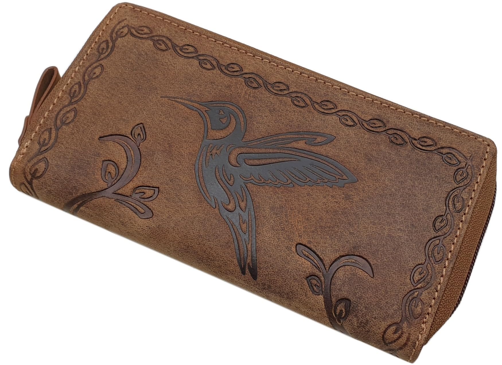 myledershop Large Buffalo Full Leather Women´s Purse with Hummingbird-Motif with Zipper with RFID & NFC Blocking in Cognac (Cognac)