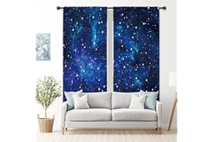 Riyidecor Galaxy Outer Space Nebula Curtains Fantasy Blue Psychedelic Starry Universe Planets Boys Rod Pocket Trippy Dark Blue Sky Stars Kids Bedroom Living Room Treatment Fabric 2 Panels 42Wx63H Inch