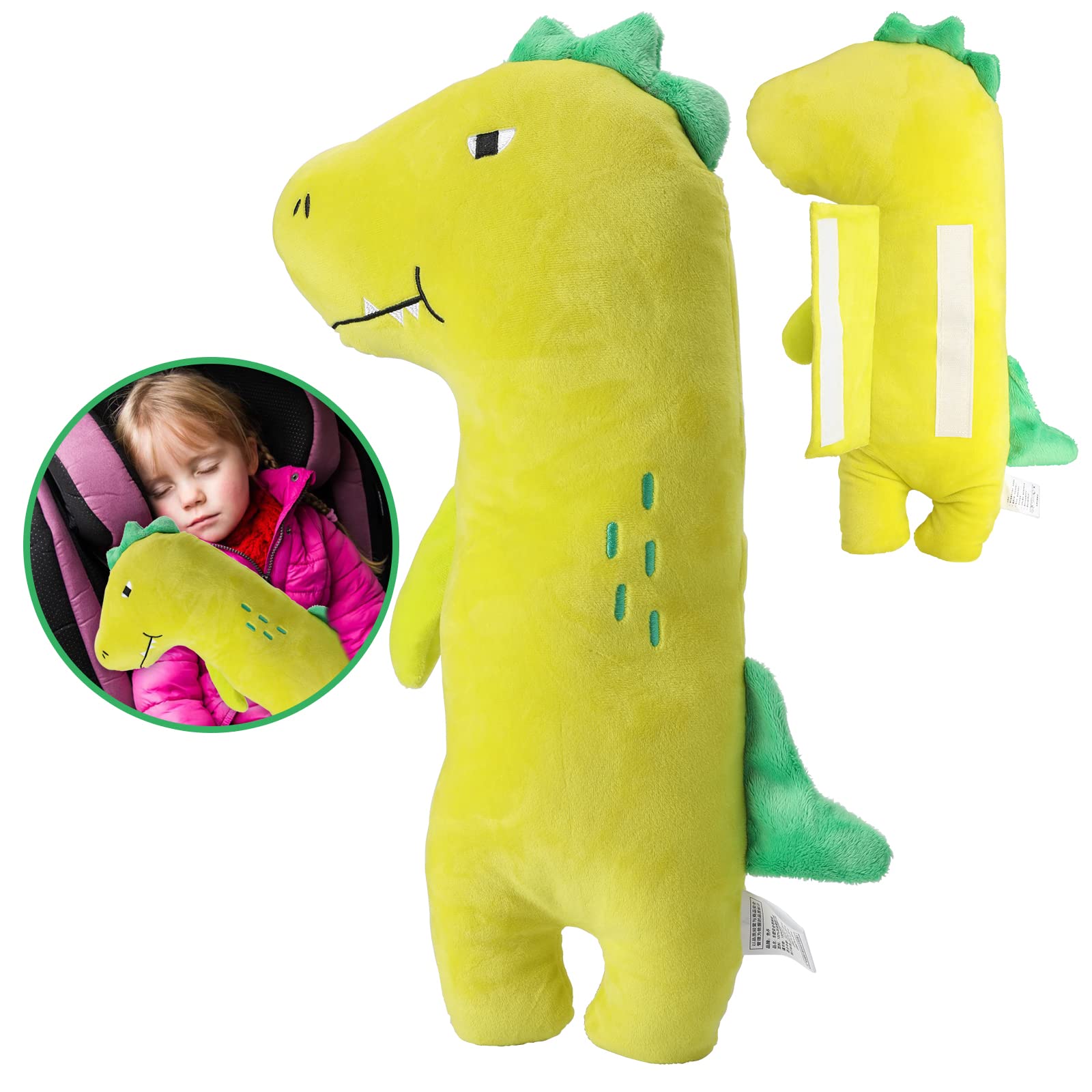 Pinkgarden Seat Belt Cover Pillow for Kids, Car Seatbelt Cushion Shoulder Neck Support Protector Pad, Soft Stuffed Plush Travel Vehicle Safety Belts Strap Pillow for Boys and Girls Headrest (Dinosaur)