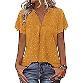 BETTE BOUTIK Womens Dressy Casual Tops Summer Short Sleeve Boho Flowy Shirts Swiss Dot V Neck Blouses
