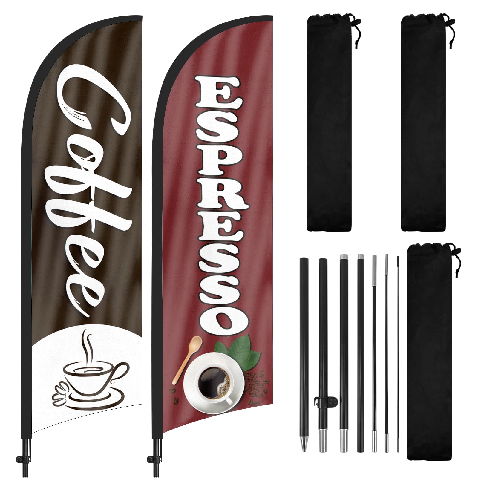Photo 1 of FSFLAG Coffee Espresso Advertising Swooper Flag Banner, 8Ft x 22in Triangular Feather Flag with Flag Pole and Ground Stake, 2Pack