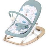 Evolur SleekSway Baby Rocker, Portable &amp; Foldable Infant Seat - Mint White | 2 Recline Positions, Removable Toy Bar with 2 Toys &amp; 5-Point Harness, Lightweight Wood Base, Easy-Clean Seat Cover