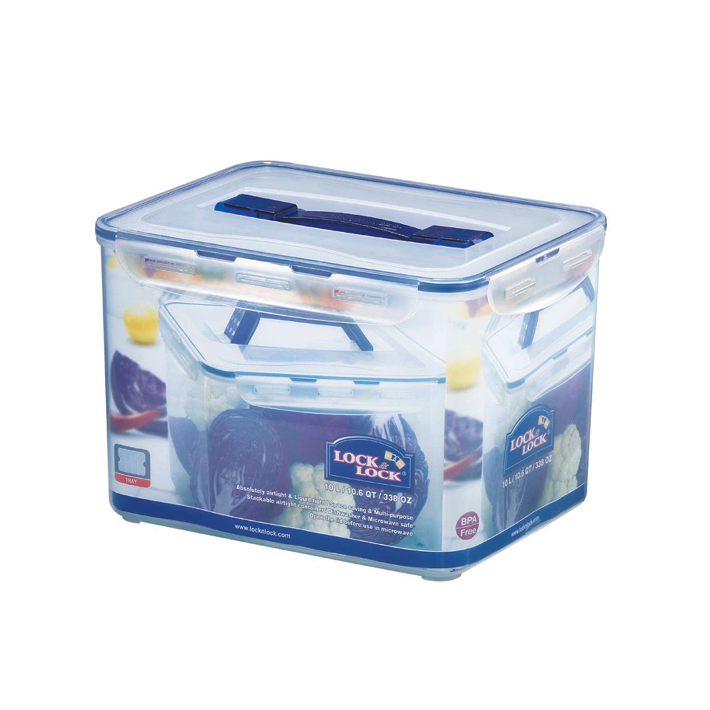 LocknLock PP Classic Storage Box with Handle and Grid, 10L, 295 x 230 x 203mm, Airtight and Waterproof, Clever Locking System, Multicoloured