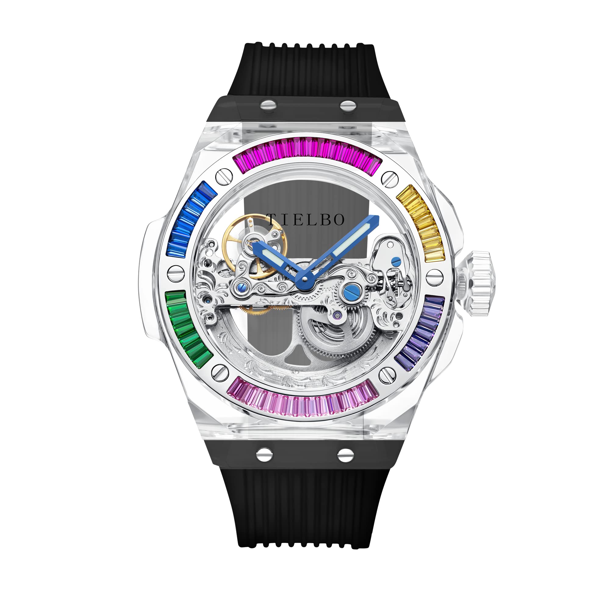 TIELBO Automatic Watches for Men,Luxury Watches for Men ,Crystal Mens Watch Skeleton Transparent Mechanical Wrist Watches Double-Sided Hollowing Waterproof Luminous Watch for Men 72H Energy Storage T711