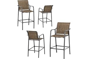 VredHom Outdoor Metal Bar Stools Patio Bar Stools Set of 4, Counter Height Chairs Steel Bar Chairs Lightweight Patio Furniture with Textilene, Armrest and Footrest,Brown