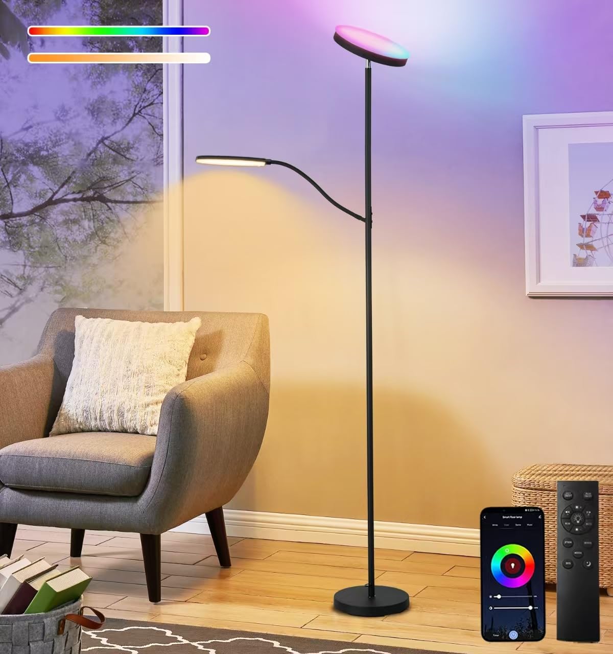 Photo 1 of ***(PARTS ONLY/MAJOR DAMAGE/ NON FUNCTIONAL)***Smart LED Floor Lamp, 24W Super Bright Floor Lamps for Living Room, 2 in 1 Color Changing RGB and White Light & Brightness Dimmable with Remote & Smart APP for Reading Light for Bedroom, Office