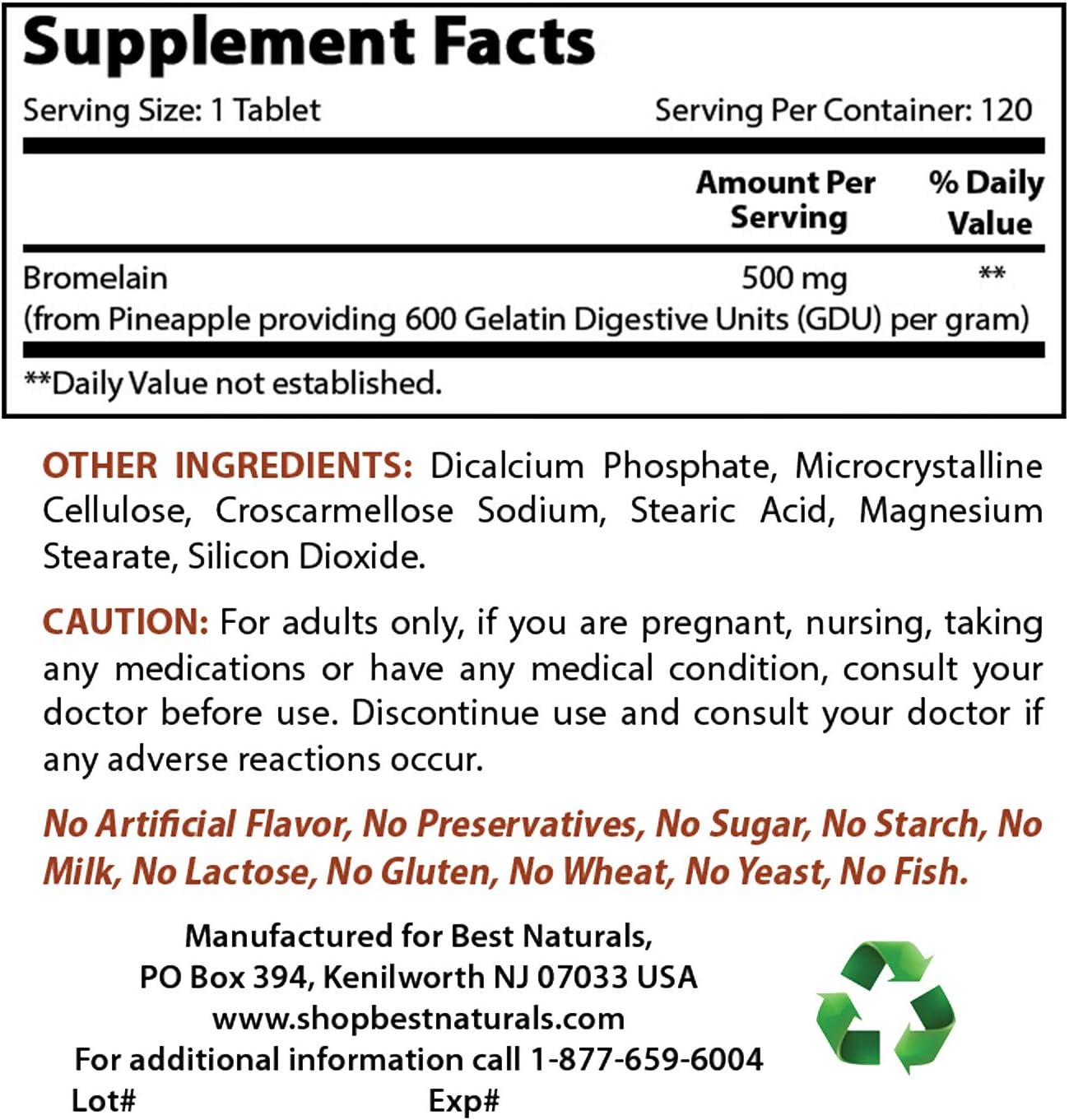 Best Naturals Bromelain Proteolytic Digestive Enzymes Supplements, 500 mg, 120 Tablets - Supports Healthy Digestion, Joint Health, Nutrient Absorption: Health & Personal Care