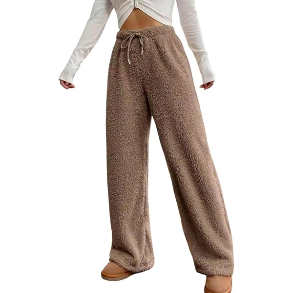 COZYEASE Women's Drawstring Waist Teddy Wide Leg Pants Loose Fuzzy
