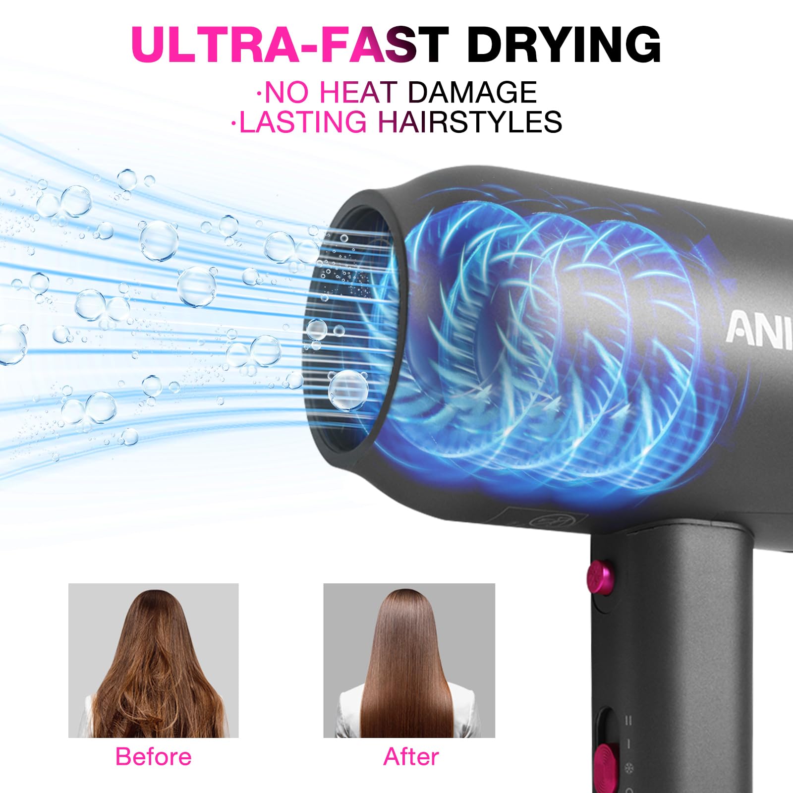 ANIEKIN Hair Dryer with Diffuser, 1875W Ionic Blow Dryer, Professional Portable Hair Dryers & Accessories for Women Curly Hair, Grey