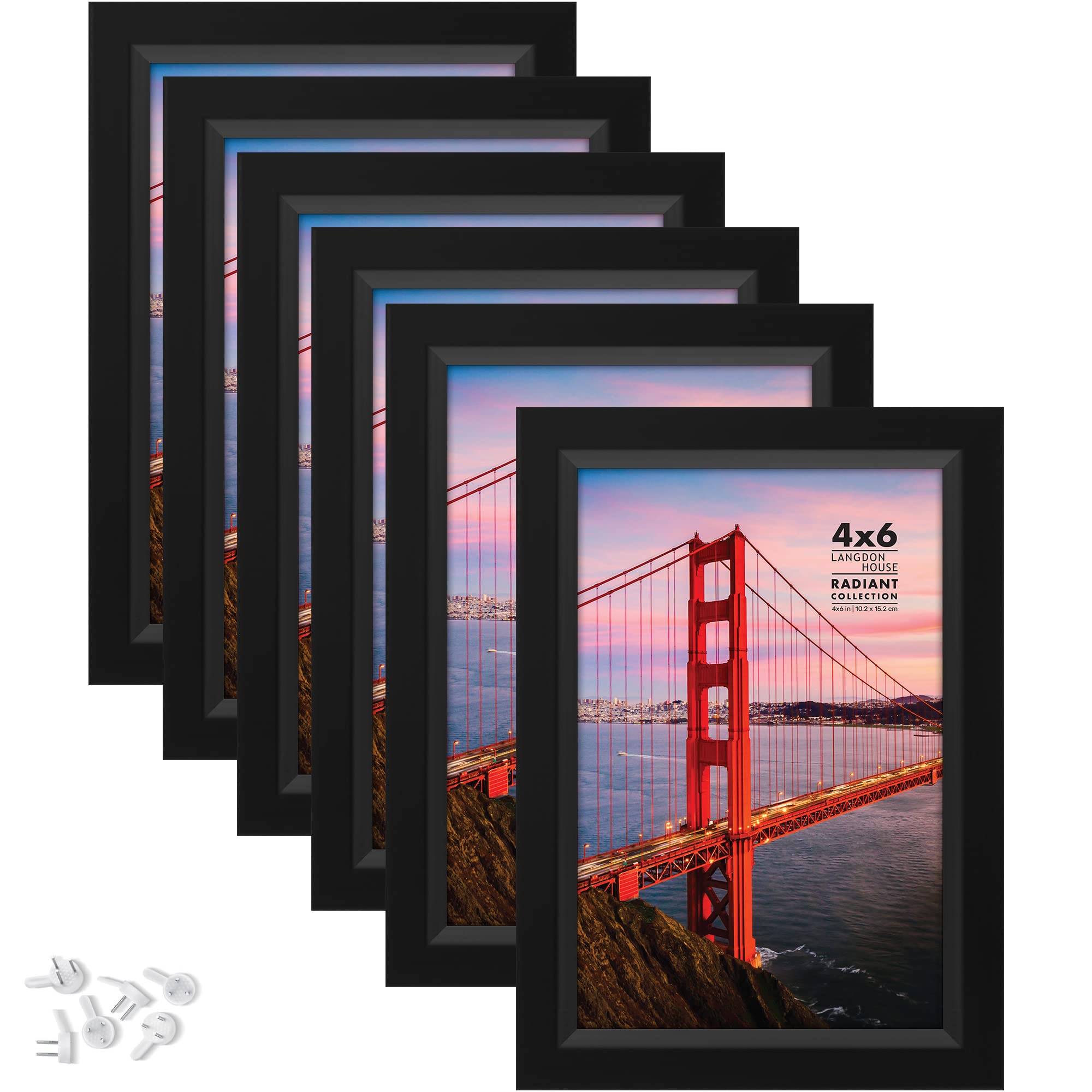 Langdon House 6x4 Picture Frames (Black, 6 Pack), Modern w/Bevelled Accent, Tabletop Easel and Wall Hanging Hooks Included, Radiant Collection