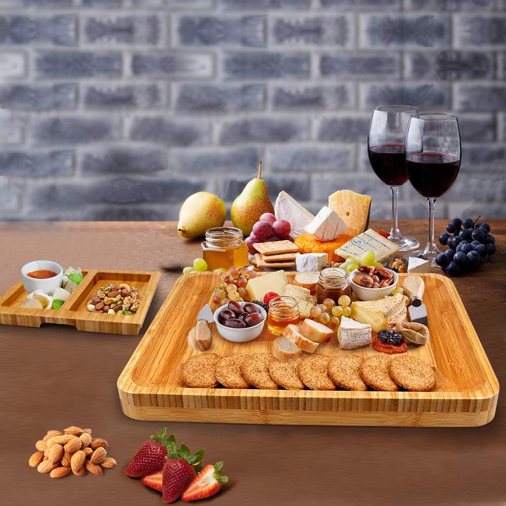 Bamboo Cheese Board and Knife Set, Cheese Servers with Hidden Drawer - Image 5
