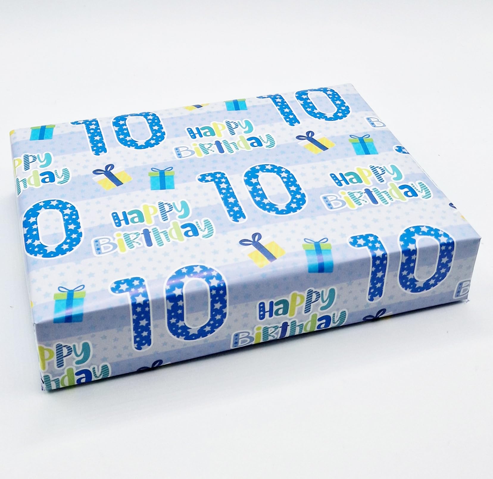 2 Sheets + 2 Gift Tags 10th Birthday Boy Blue Wrapping Paper Age 10 Cute Birthday Gift wrap Blue (PA)