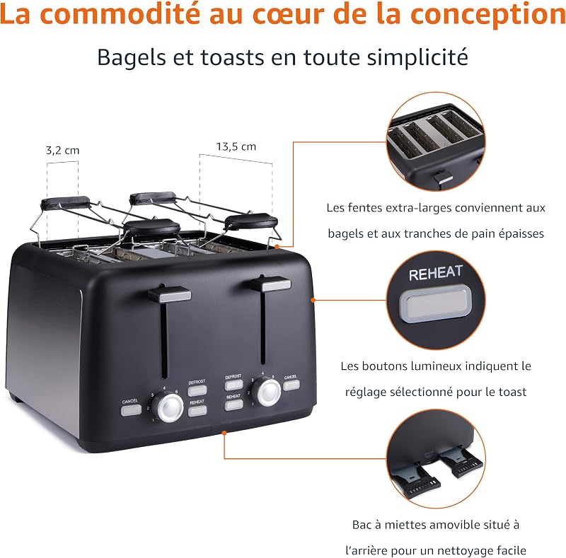 Grille-Pain 4 Tranches avec 7 Niveaux de Dorage et Tiroir Ramasse-miettes Amovible, Fentes Extra Larges, 1500W, Noir — photo 3 sur 8