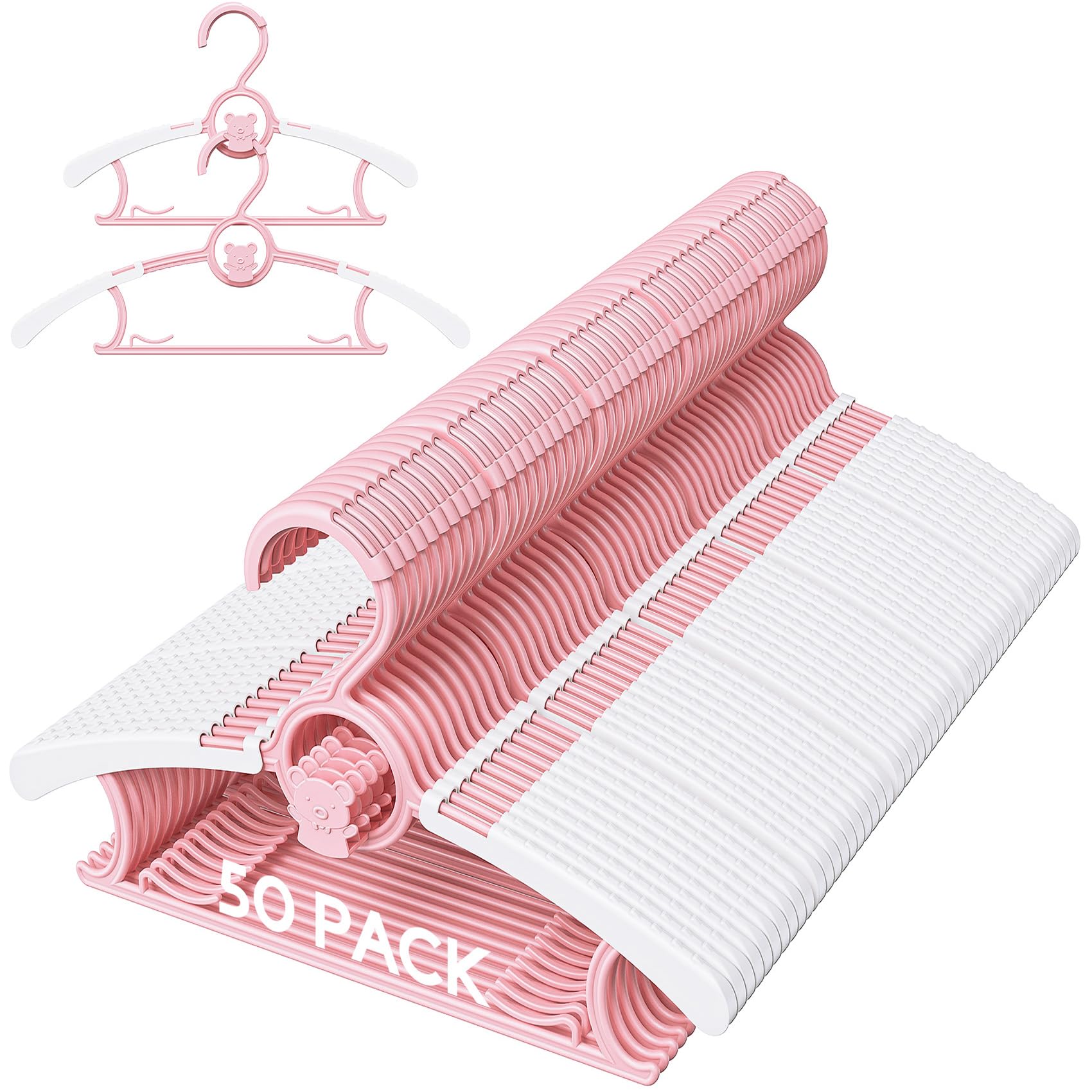 Photo 1 of Eunhdet 50 Pack Kids Hangers for Nursery Closet, Adjustable Non-Slip Toddler Baby Hangers with Windproof Buckle, 11-14" Infant Child Plastic Clothes Pant Hanger for Boys Girls Newborn Adult, Pink