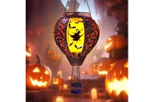 DREAMSKIP Halloween Hot Air Balloon Solar Lantern with Flame, Witch on Broomstick Halloween Outdoor Solar Lanterns Waterproof, Solar Lights Hanging Halloween Decorations for Yard Outside