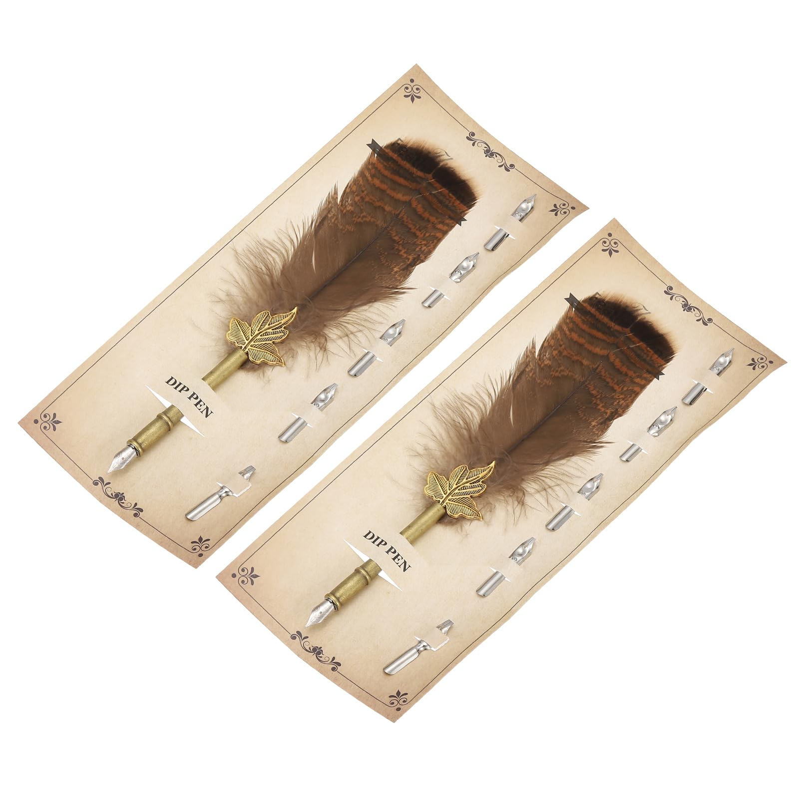 PATIKIL Feather Pen, 2 Pcs 9.3 Inch Vintage Quill Pen Feather Dip Pen with 5 Pcs Replacement Nibs for Writing Calligraphy Wedding Signature Guest, Brown/Yellow