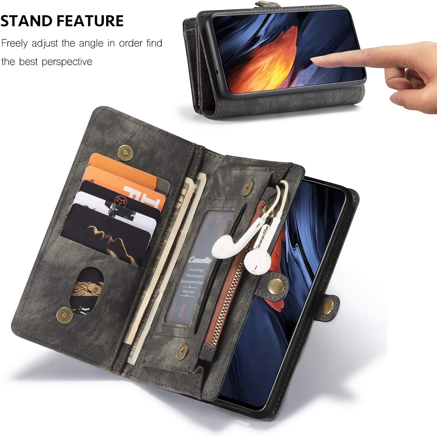 ANROD Detachable Leather Wallet Case for Samsung Galaxy A71,CaseMe Magnetic Closure 2-in-1 Flip TPU Shockproof Zipper Purse Back Cover with Card Slots (Black) - Image 3