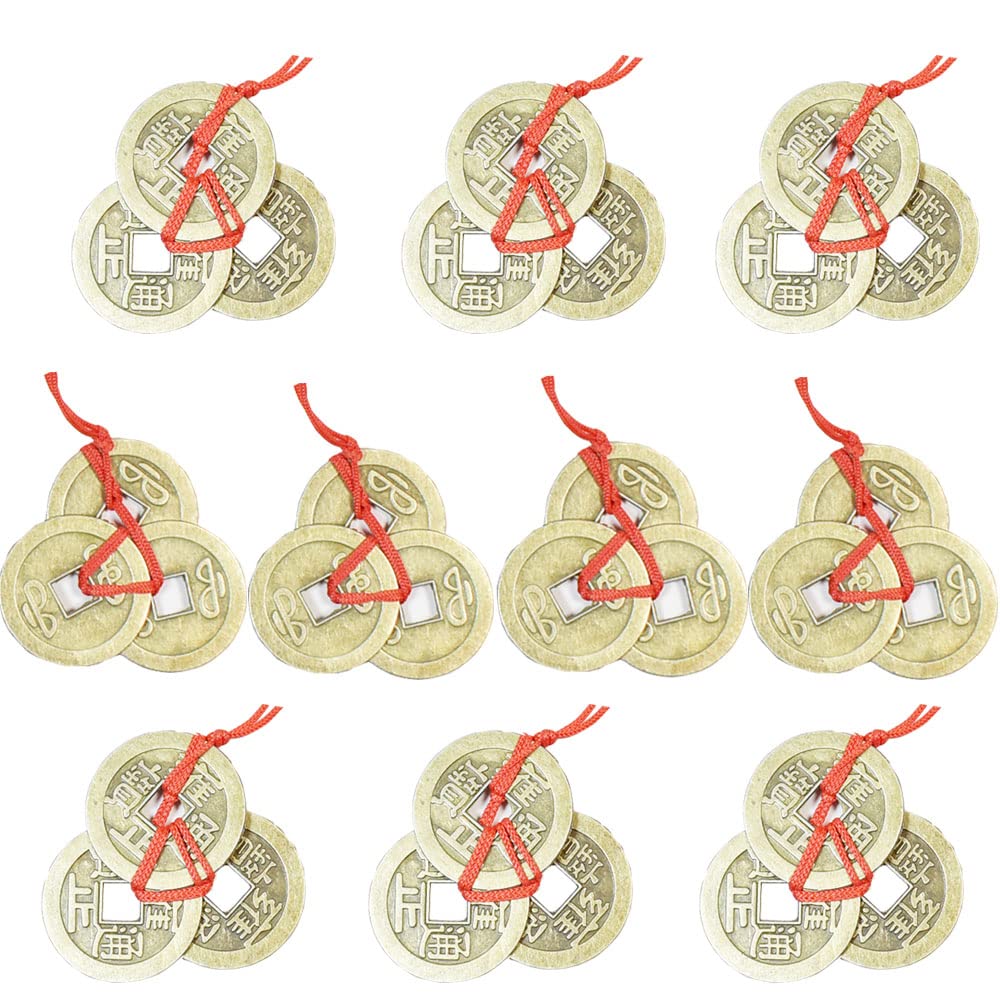 EasyBravo 10 Sets Fortune Coins Feng Shui Coins with Red String for Wealth and Success, 30 Coins