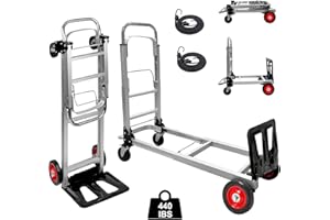 LAKEEN Aluminum Folding Hand Truck,440 lbs Heavy Duty 2 in 1 Convertible Hand Truck Dolly with Pneumatic Wheels,Telescopic Handles and 2 Elastic Ropes Collapsible Hand Cart for Luggage Moving Warehouse