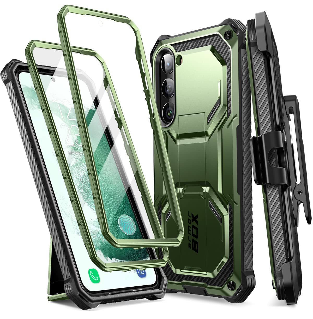 i-Blason Armorbox for Samsung Galaxy S23 Case with Stand & Belt-Clip [Built-in Screen Protector] [2 Front Frames] [Military-Grade Protection] Full-Body Rugged Bumper Case with Kickstand (Green)
