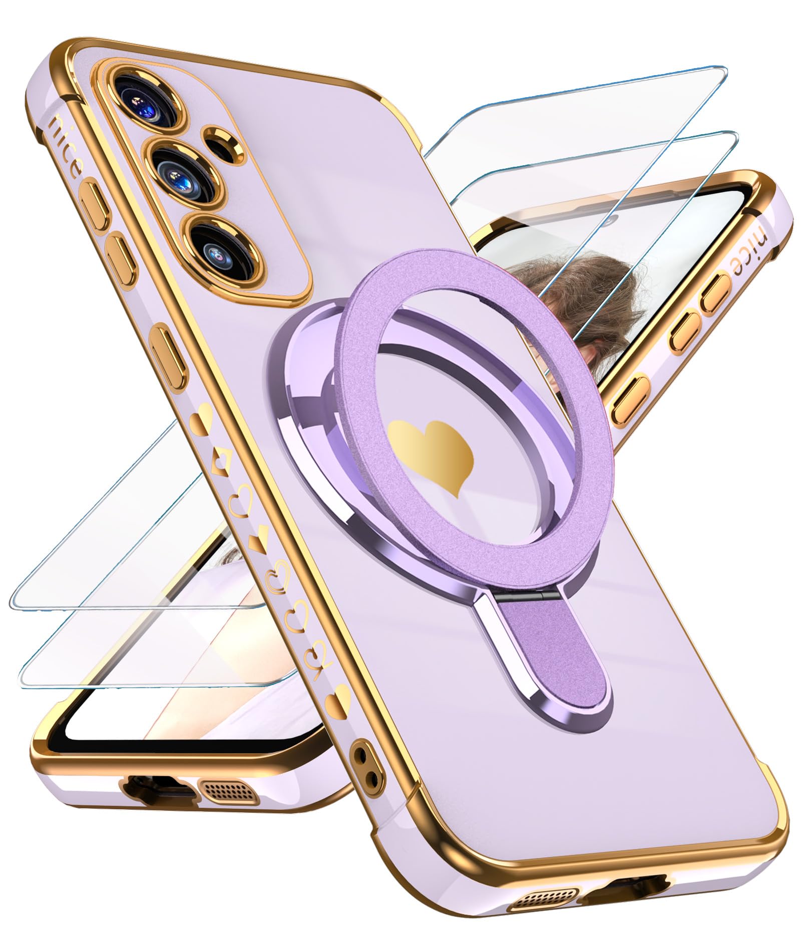 Liufcx for Samsung Galaxy S24 FE Love Heart Kickstand Case with 2X Screen Protector: Luxury Plated Gold Edge Slim Soft TPU Shockproof Protection Case Cover for Galaxy S24 FE (Purple)