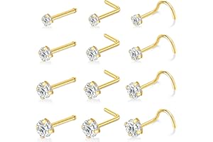 LFZFCXCYou 12 Pcs Gold/Silver Surgical Steel Nose Rings Studs Set for Women 20G Nose Piercing Stud Nose Studs Set Jewelry for Women Men Nose Piercings Jewelry Gift Piercing Jewelry 0.8mm