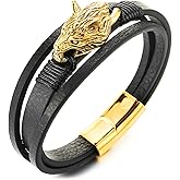 Men Gold Color Steel Vintage Wolf Head Three-Strand Black Braided Leather Bangle Wristband Bracelet