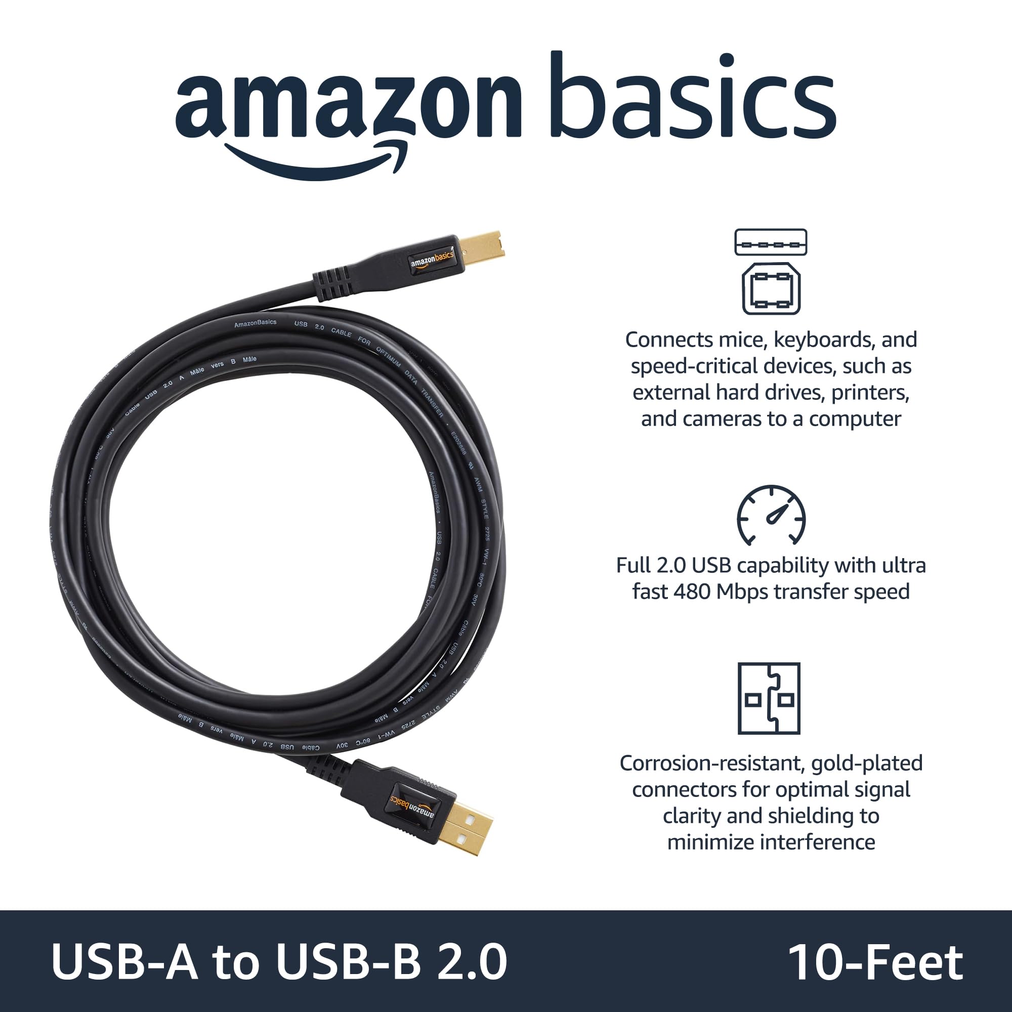 Amazon Basics USB-A to USB-B 2.0 Cable for Printer or External Hard Drive, Gold-Plated Connectors, Black, 10 Foot