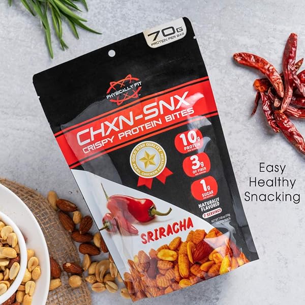 CHXN-SNX CRISPY PROTEIN BITES, SRIRACHA WITH PEANUTS AND ALMONDS, 7 SERVINGS, 70 GRAM OF PROTEIN PER BAG, 7.4 OUNCE