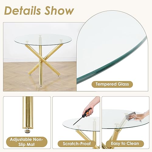 HAIZAO Round Glass Dining Table Set for 4, Small Circle Dining Set