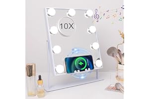 Hansong Lighted Vanity Mirror with Bluetooth Speaker and Wireless Charging Makeup Mirror with Lights 9 Dimmable Bulbs Lighted Makeup Mirror 3 Color Lighting Tabletop (White)