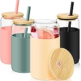 FillTouch 4 Pack 16 oz Glass Tumbler with Silicone Sleeve Iced Coffee Cups with Lids Straw Can Shaped Water Bottle for Valentines Spring Home Outdoor (Blue, Amber, Black, Pink)