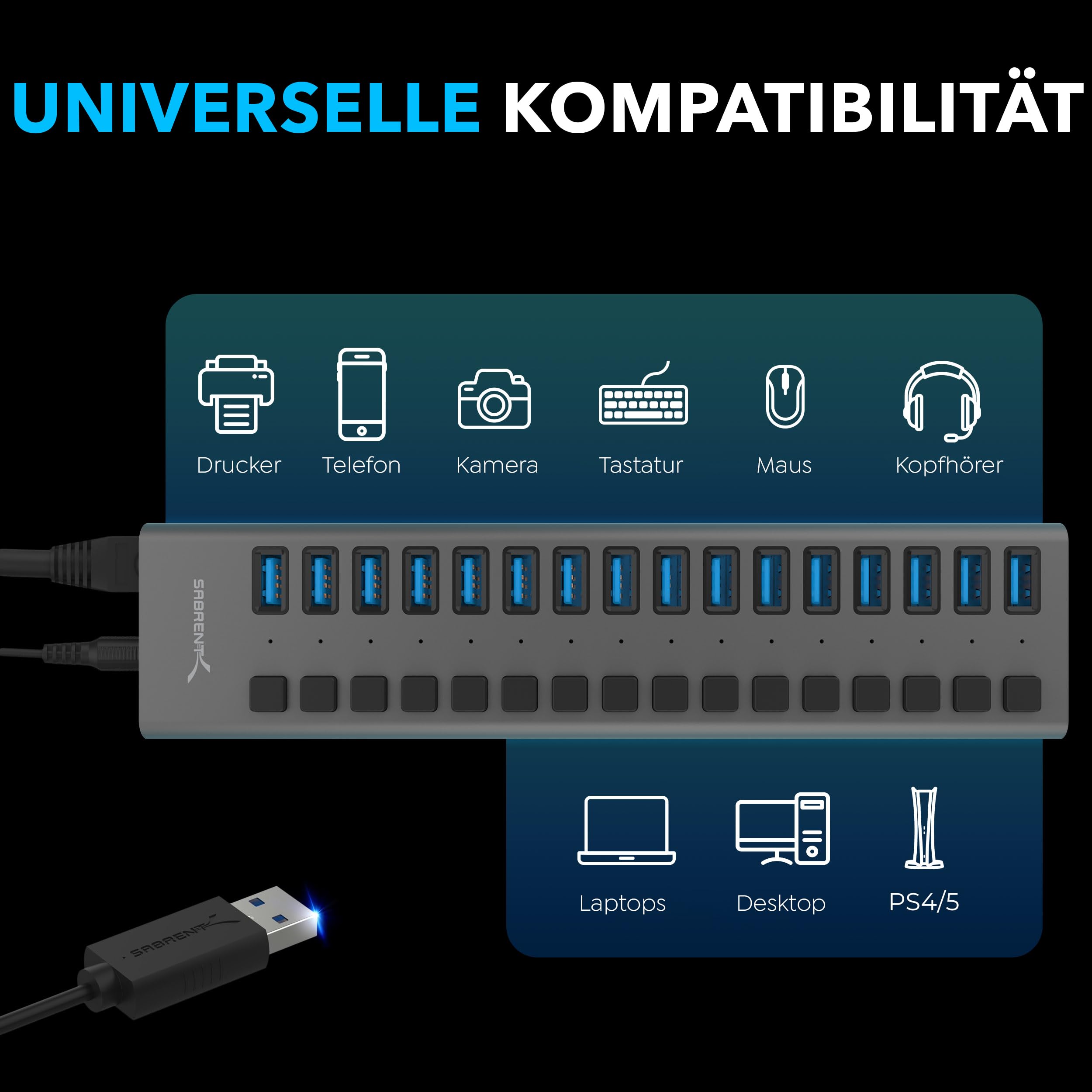 SABRENT 16-Port USB 3.0 Data Hub and Charger with Individual Power Switches, 90W High-Power Output (HB-PU16)