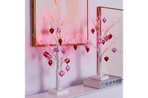 Efunly 2Pack Valentines Day Decor Lighted Birch Tree with Heart-Shaped Ornaments,USB&Battery Operated Light Up Artificial Tree for Home Indoor Party Valentines Day Decorations (Red + Pink)