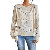 GORGLITTER Women's Floral Embroidered Sweaters Trendy Lightweight Crochet Cozy Long Sleeve Cute Pullover Cottage Core Clothes