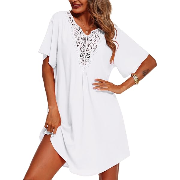Bimba Mini Beach Kaftan Dress for Women's Short Caftan Sheer Lace Front Beachwear  Cover Up White at Amazon Women's Clothing store