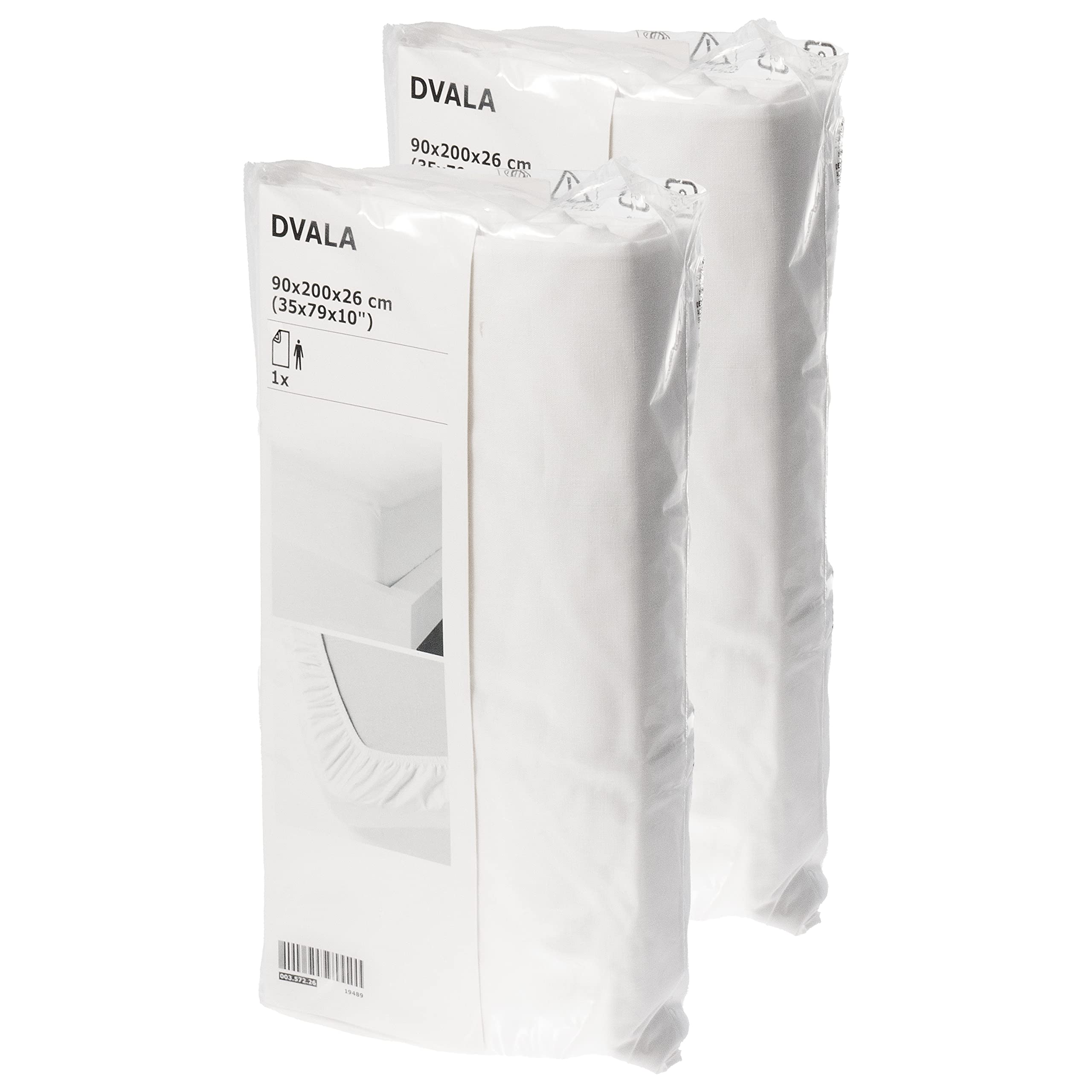 Ikea DVALA White Fitted Bed Sheets, Euro Single 90 x 190 cm, European Size, 100% Cotton - Set of 2
