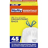 Hefty Essentials 13 Gallon Kitchen Trash Bags, White, Unscented, 45ct | 13G Tall Trash Bags for Kitchens, Home Offices, or Laundry Rooms, Drawstring Closure, Easy to Tie, Lift, and Carry