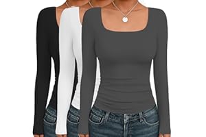Ekouaer Womens 3 Pack Long Sleeve Shirts Square Neck Fitted Tops Tight Tee Thermal Basic Undershirts XS-XXL