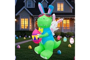 Raymall 6FT Easter Inflatables Yard Outdoor Decorations, Cute Easter Inflatable Dinosaur Bunny with Eggs, Blow Up Yard Decorations Outdoor