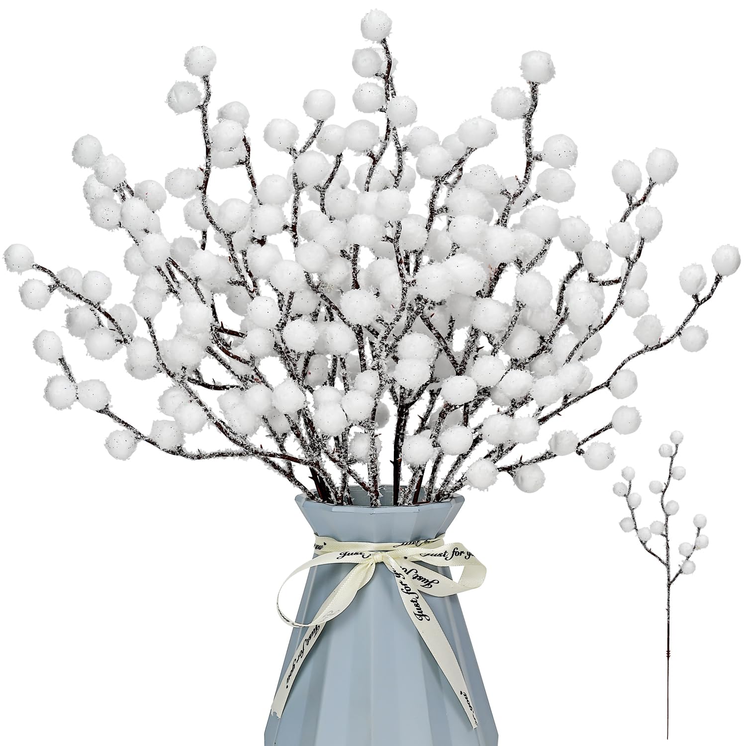 KKSTY 16 Pieces Artificial Snowy Berries Stems,9'' Christmas Holly Berries Picks Sprays Filler Branch for Xmas Decoration Wreath Making Supplies DIY Crafts Winter Season Home Party Décor (White)