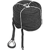 NovelBee 1/2" x 100' Double Braid Nylon Anchor Line with Stainless Steel Thimble,Safe Workload:1,020 Lbs;Tensile Strength:5,100 Lbs (Black)