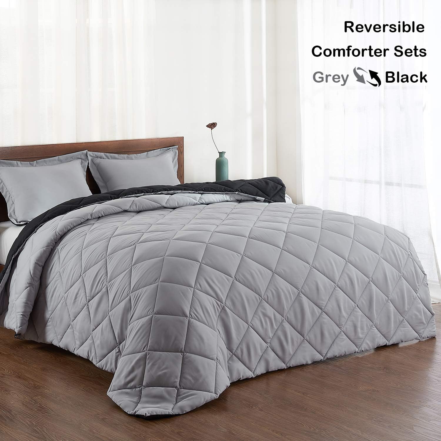 Basic Beyond Down Alternative Comforter Set (Queen, Black/Red) - Reversible Bed Comforter with 2 Pillow Shams for All Seasons: Home & Kitchen