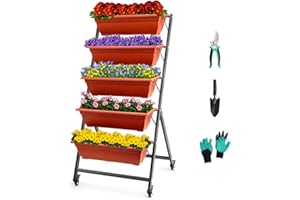 EDOSTORY 4.5 FT Height Vertical Garden Planter Removable Brick Red Raised Bed Box with 5 Container Boxes,Digging Claw Gloves,Trowel,Purning Shears for Outdoor Vegetables Flowers