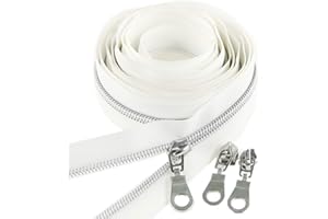 Leekayer #5 Silver Metallic Nylon Coil Zippers by The Yard Bulk 10 Yards White Tape with 25pcs Silver Sliders for DIY Sewing Tailor Craft Bag(White)