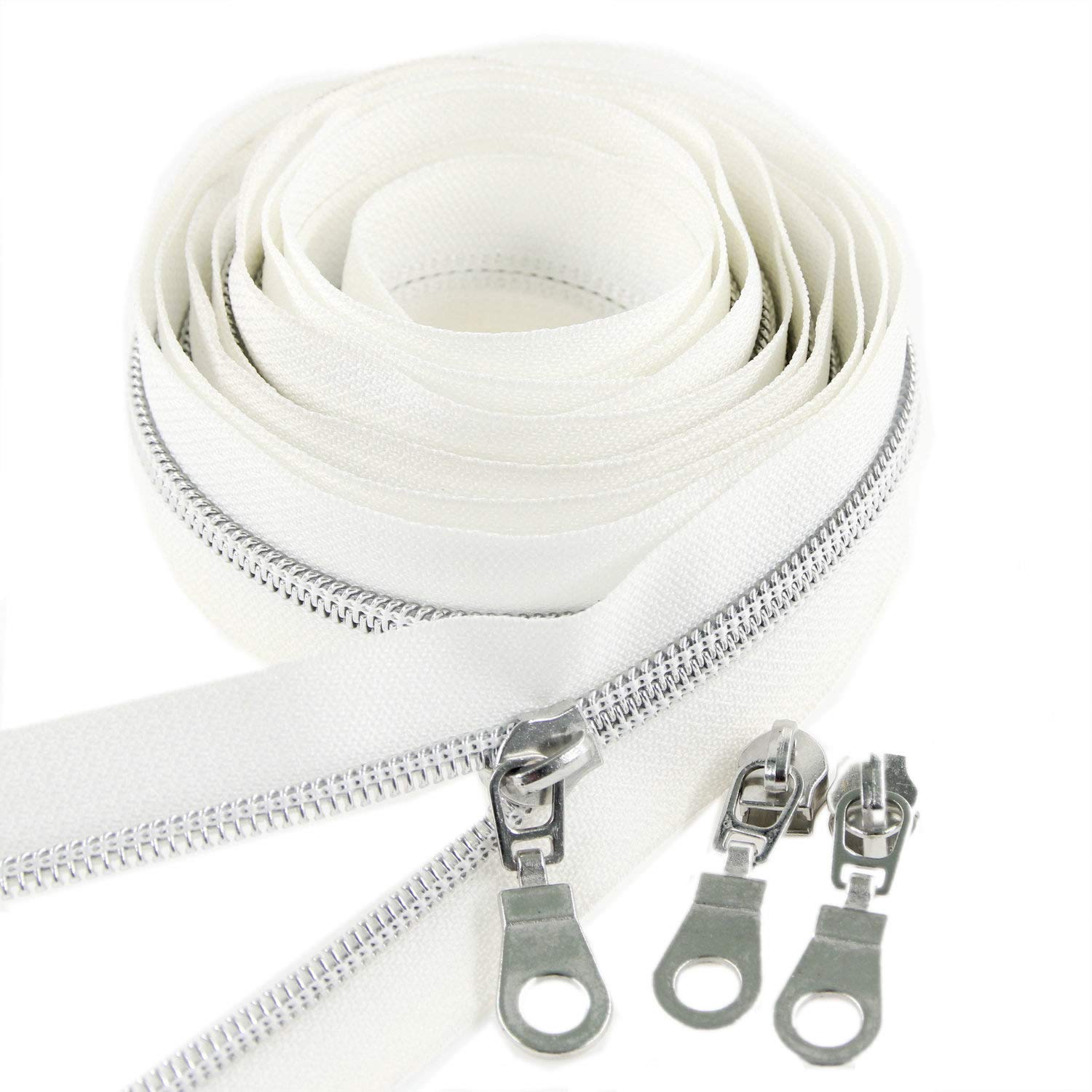 Leekayer #5 Silver Metallic Nylon Coil Zippers by The Yard Bulk 10 Yards White Zipper Tape with 25pcs Silver Sliders for DIY Sewing Tailor Craft Bag (White)