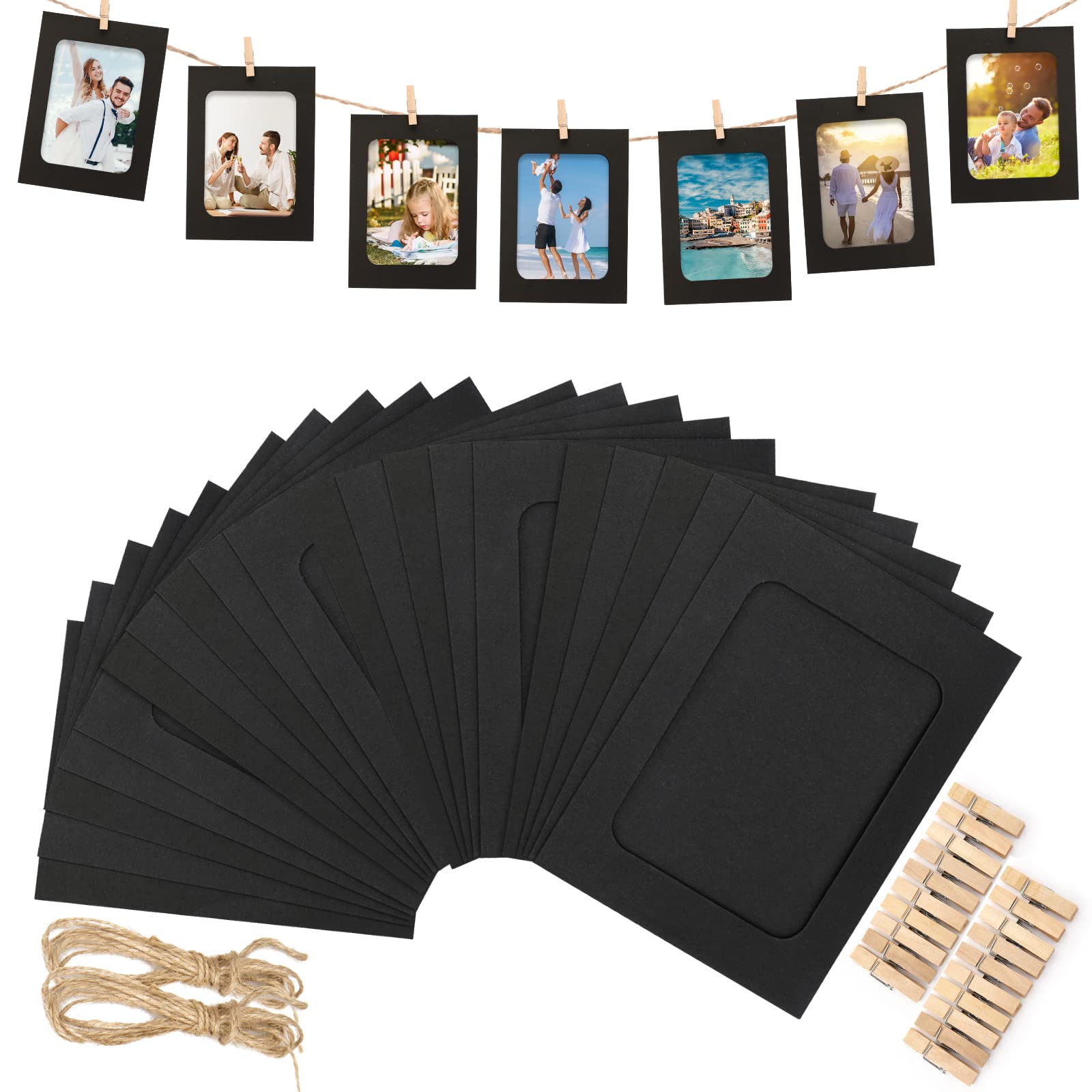 jijAcraft 20Pcs Paper Photo Frames, 4.5" x 6" Paper Picture Frame With Wooden Clips and String, DIY Creative Hanging Photo Frames Kit for Home Dorm Office Wall Decor
