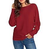 Ckikiou Spring Fall Boat Neck Batwing Soft Knitted Sweater for Women Casual Loose Dolman Sleeve Ribbed Pullover Top