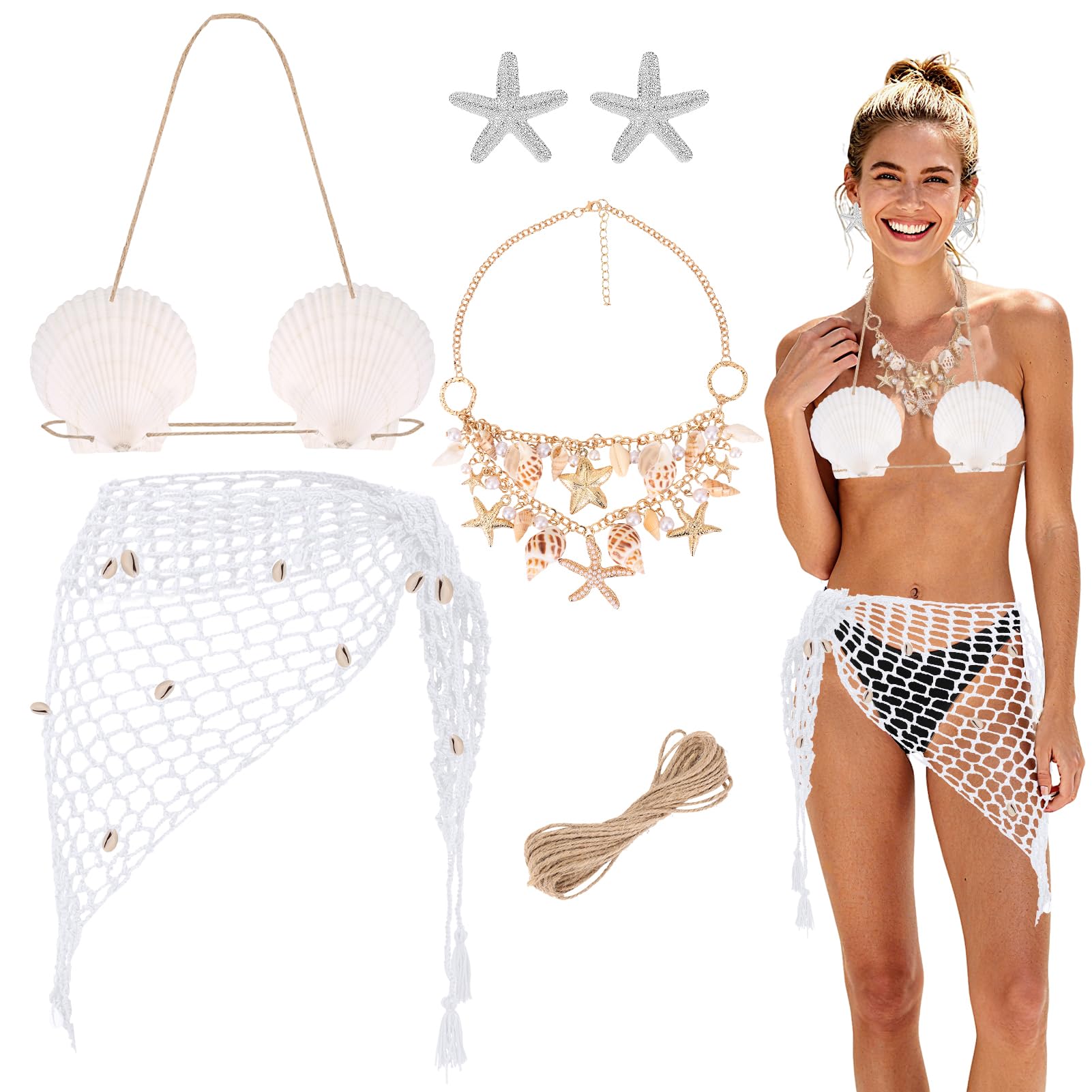 Photo 1 of 5 PCS Halloween Mermaid Cosplay Costume Crochet Skirt Shell Bra Necklace Earrings Hemp Rope Women Beach Mermaid Costume Accessories Summer Fashion Fishnet Skirt for Beach(White)